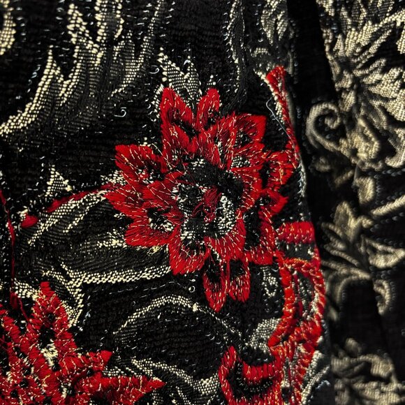 Chico's Jacquard Floral Jacket 0 (Small 4) Black Red Gold Embroidered Christmas - Picture 7 of 16